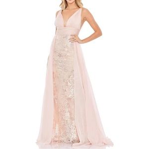 Mac Duggal embroidered, laced, layered gown, powder pink, as 0, new, no defects